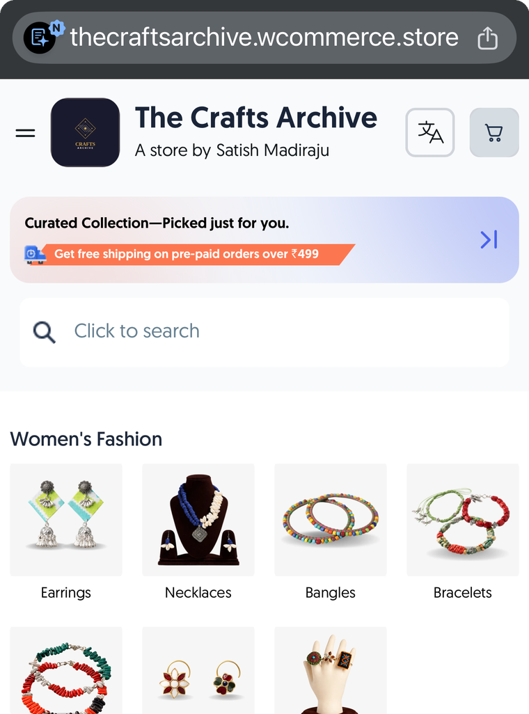 The Crafts Archive — a live Wcommerce storefront by Satish Madiraju showing handmade jewellery